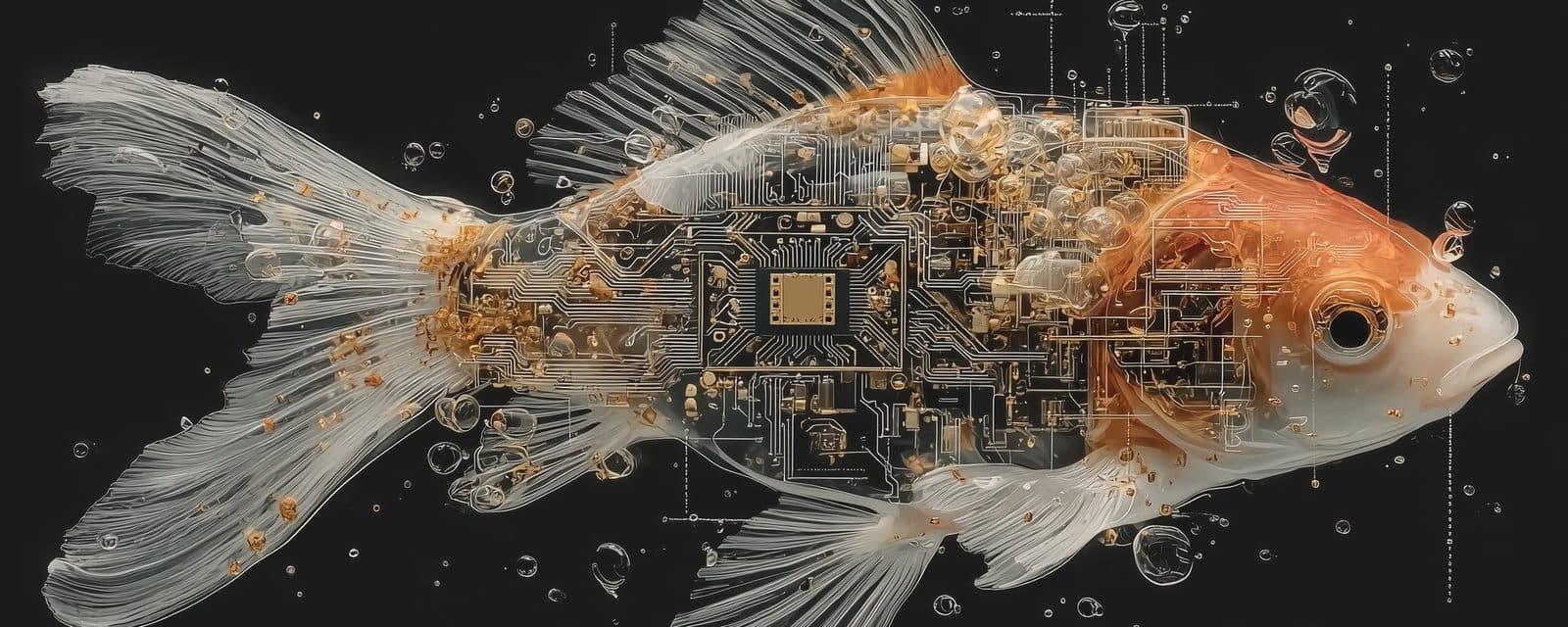 A goldfish rendered as translucent circuitry — superhuman intelligence with goldfish memory